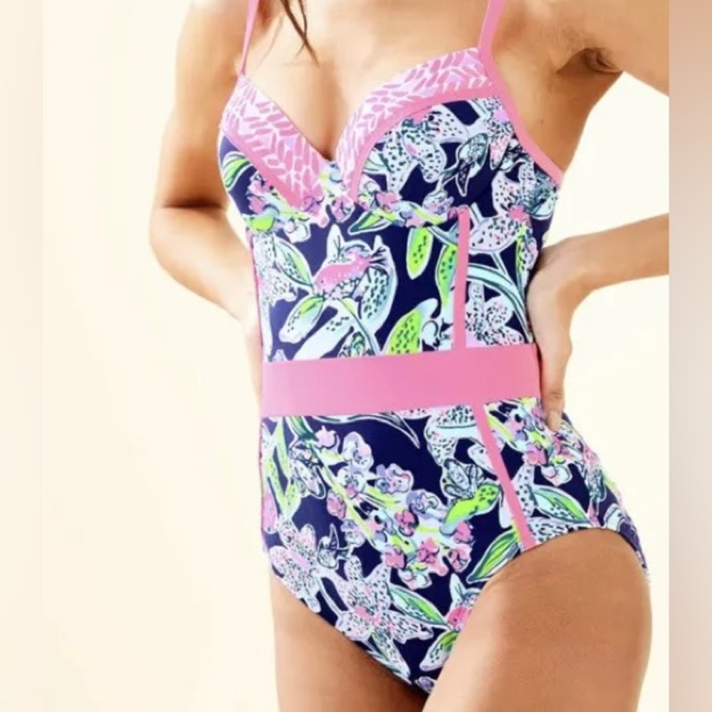 Lilly Pulitzer Palma One Piece Swimsuit Deep Sea Navy Sway This Way sz 0